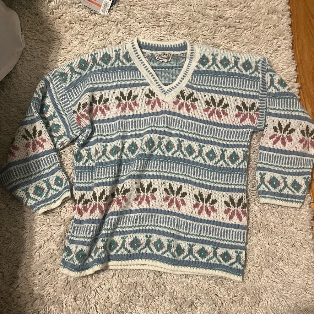 Blue and Pink V-Neck Sweater with Nordic Pattern